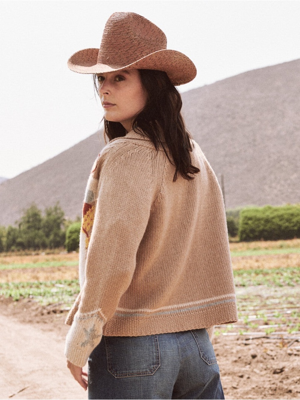 THE GREAT. Beige Knit Cardigan with Cream and Yellow Intarsia - Picture 4 of 13
